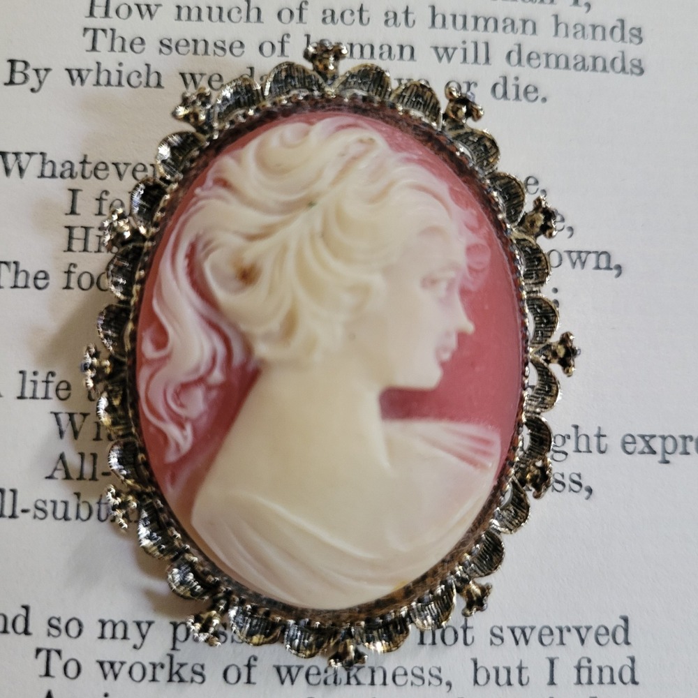 Vintage Pink Resin Cameo Brooch Gold Tone Oval Pendant 2 Inch Cottagecore 70s